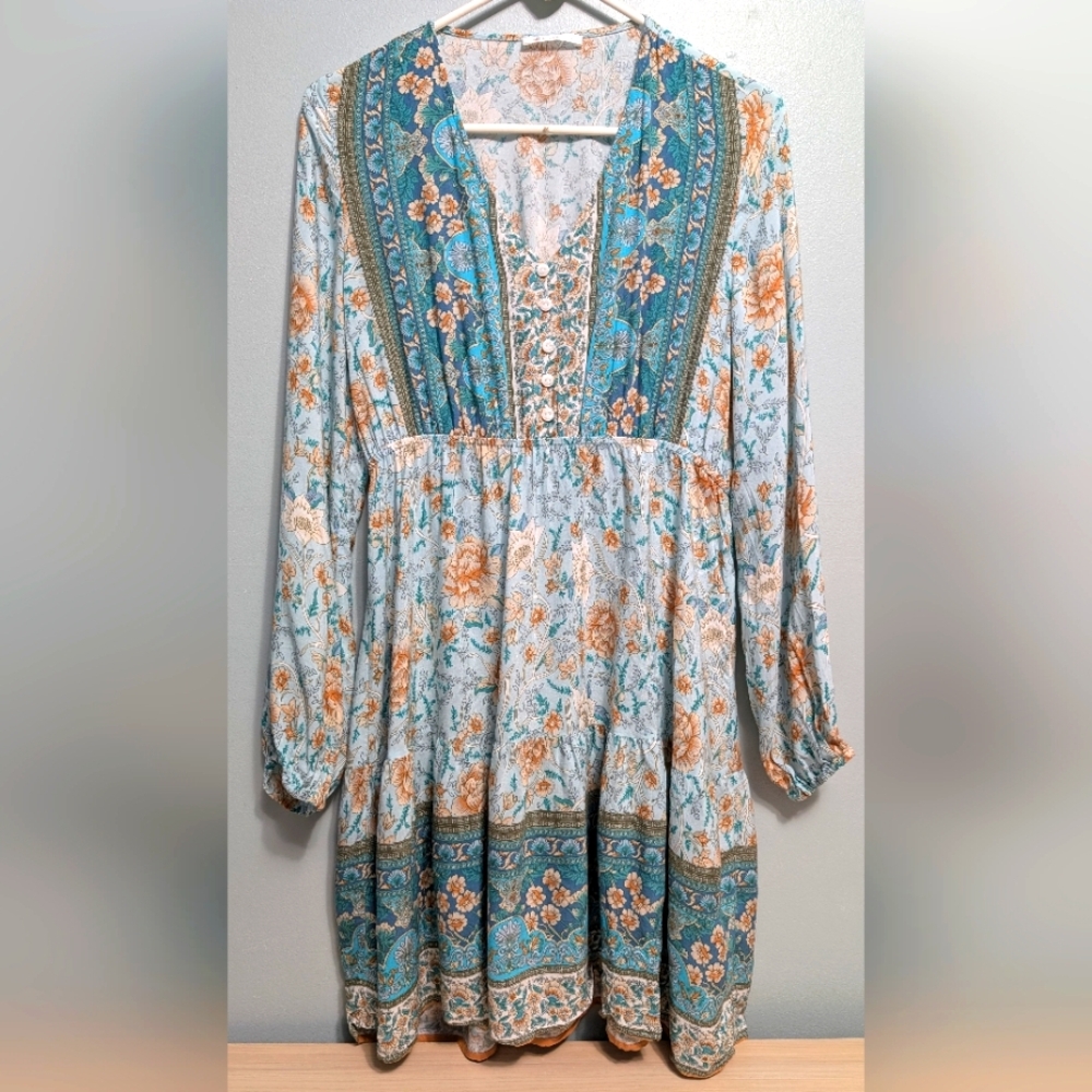 Cupshe Bohemian Floral Long Sleeve Dress - Teal and Peach